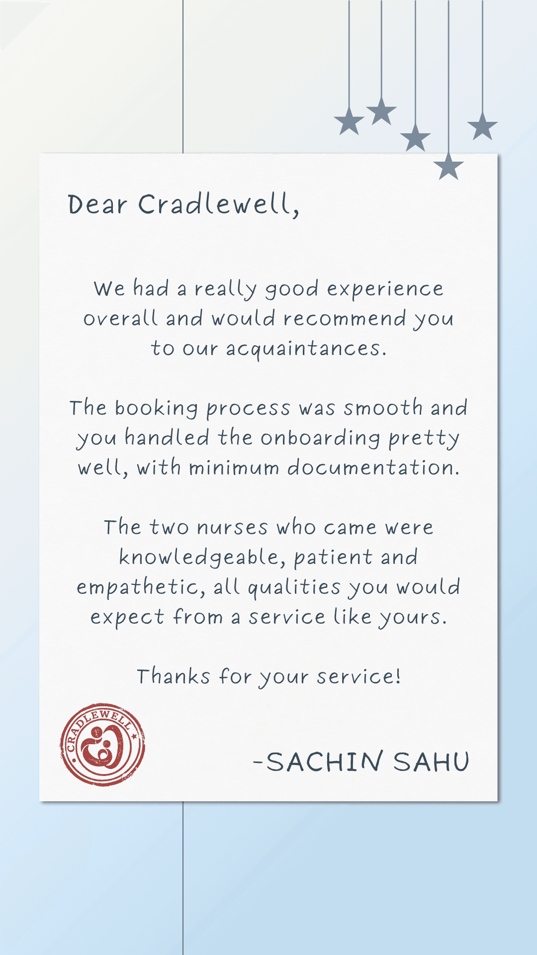 Testimonial letter from Sachin Sahu, a Cradlewell parent in Bangalore