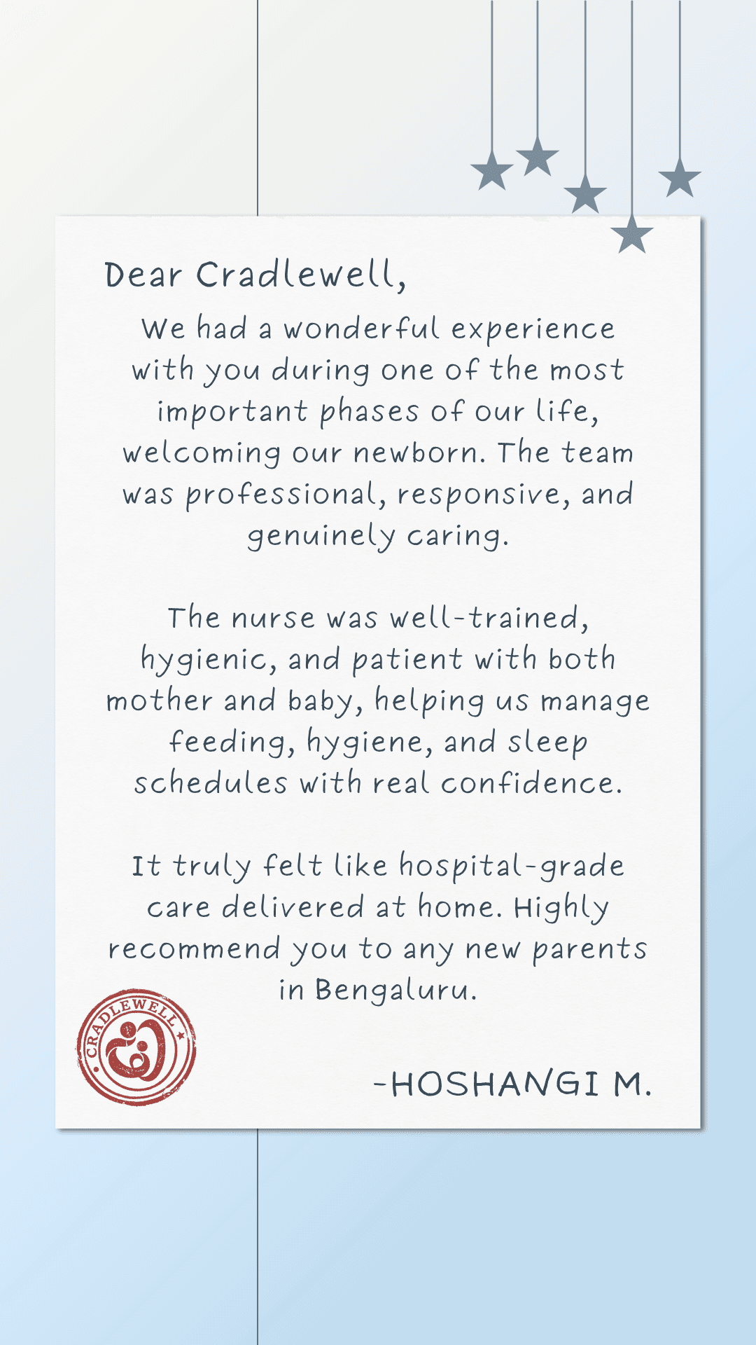 Testimonial letter from a Cradlewell parent in Bangalore