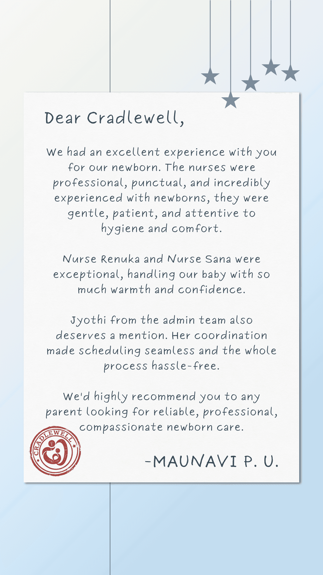Testimonial letter from a Cradlewell parent in Bangalore