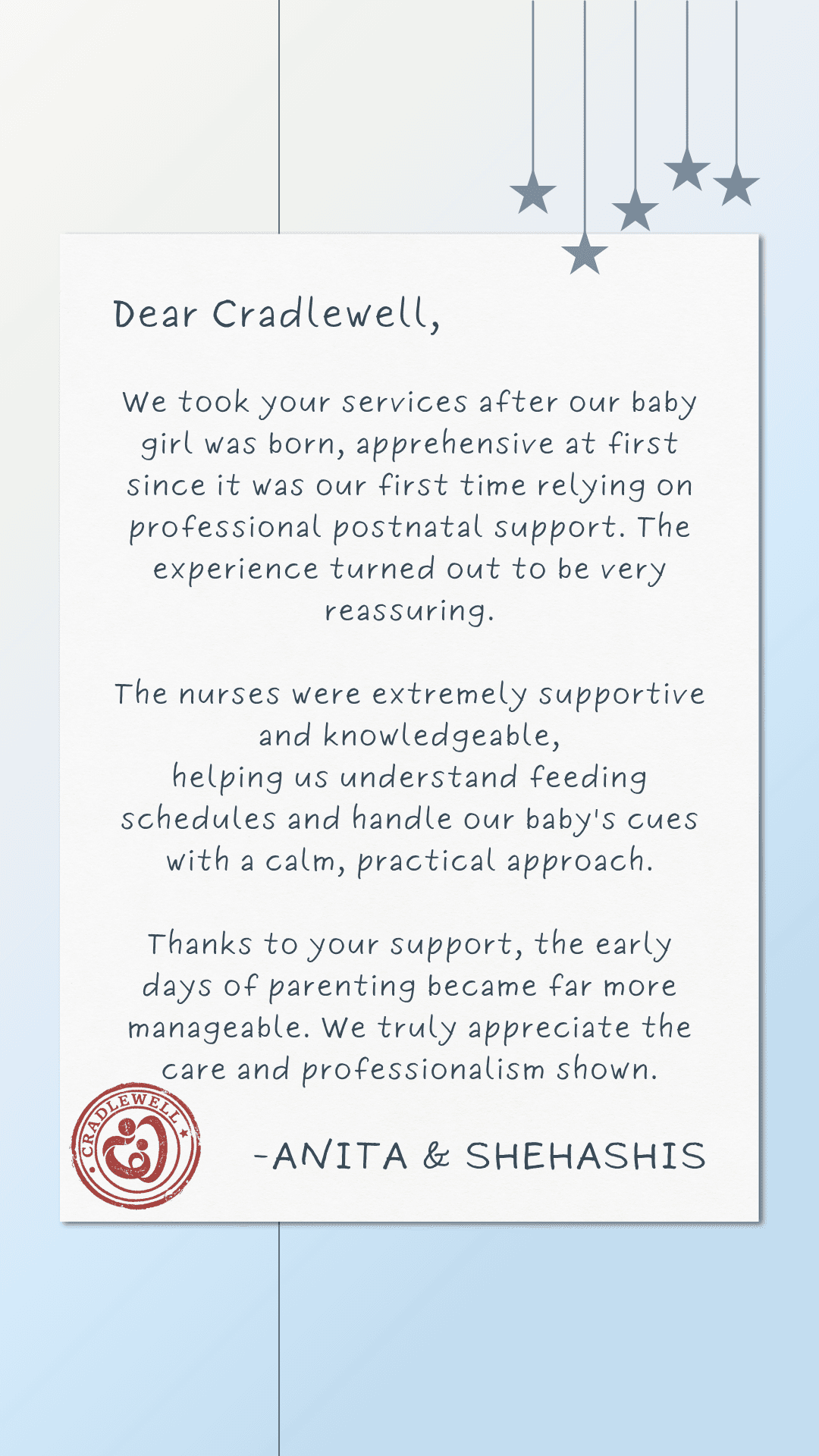 Testimonial letter from a Cradlewell parent in Bangalore