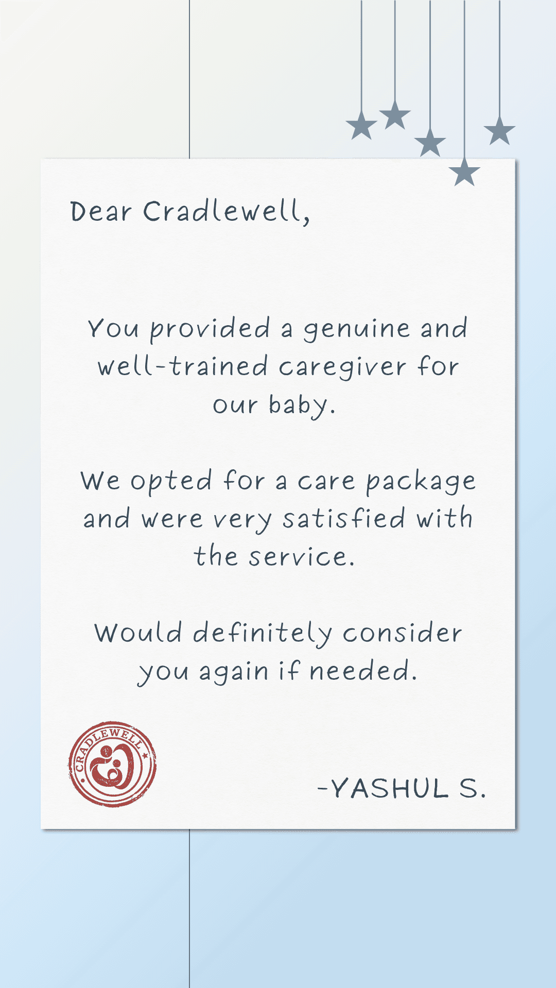 Testimonial letter from a Cradlewell parent in Bangalore